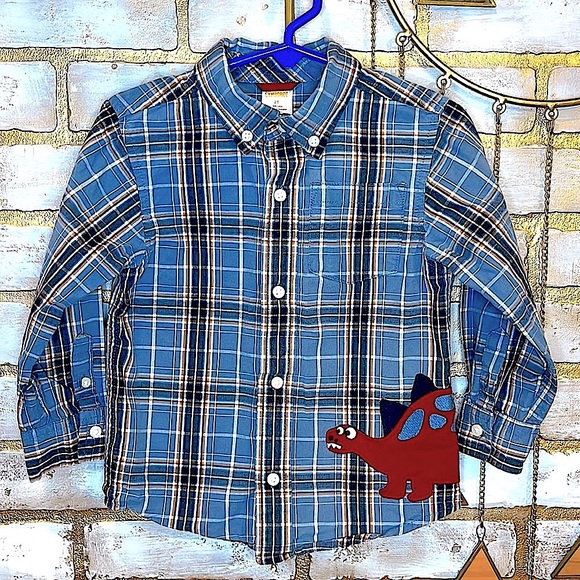 Gymboree Blue Dinosaur Plaid Button Down Long Sleeved Shirt, Toddler Size 2T. - Picture 7 of 9